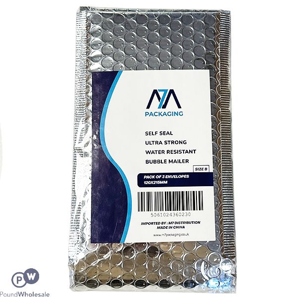 Size B Silver Metallic Bubble Water-resistant Mailing Bags 3 Pack 120mm X 215mm