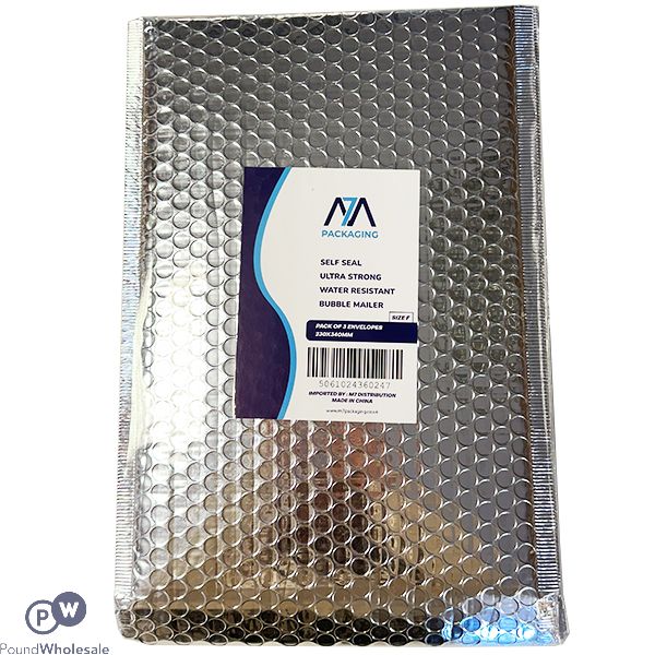 Size F Silver Metallic Bubble Water-resistant Mailing Bags 3 Pack 230mm X 340mm