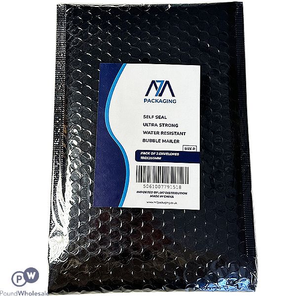Size D Black Metallic Bubble Water-resistant Mailing Bags 3 Pack 180mm X 265mm