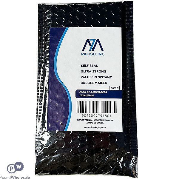 Size B Black Metallic Bubble Water-resistant Mailing Bags 3 Pack 120mm X 215mm