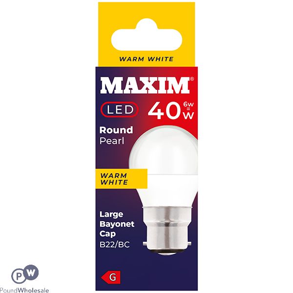 Maxim 6w=40w Round Pearl Warm White B22 Bc Led Light Bulb