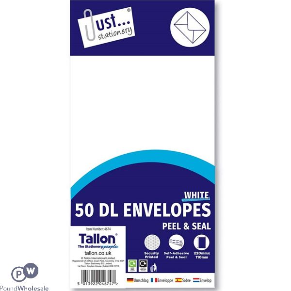 Just Stationery Dl White Peel & Seal Envelopes 220mm X 11mm 50 Pack