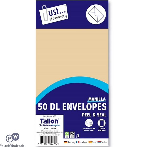 Just Stationery Dl Manilla Peal & Seal Envelopes 229mm X 110mm 50 Pack