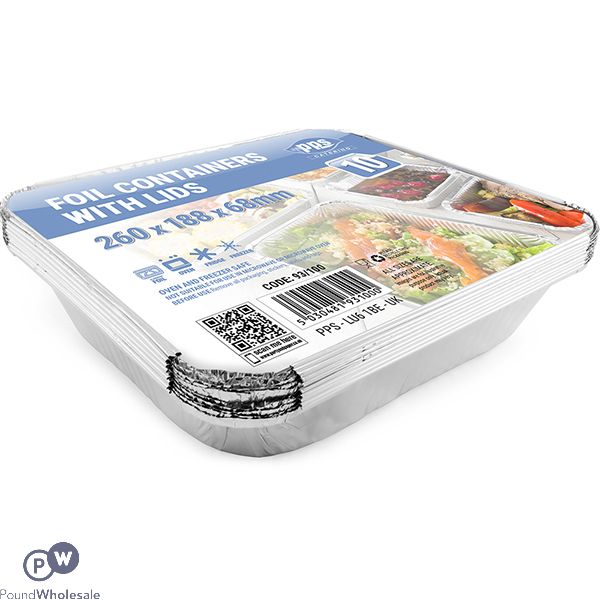 Pps Foil Food Container With Lid 10 Pack 26cm X 18.8cm X 6.8cm