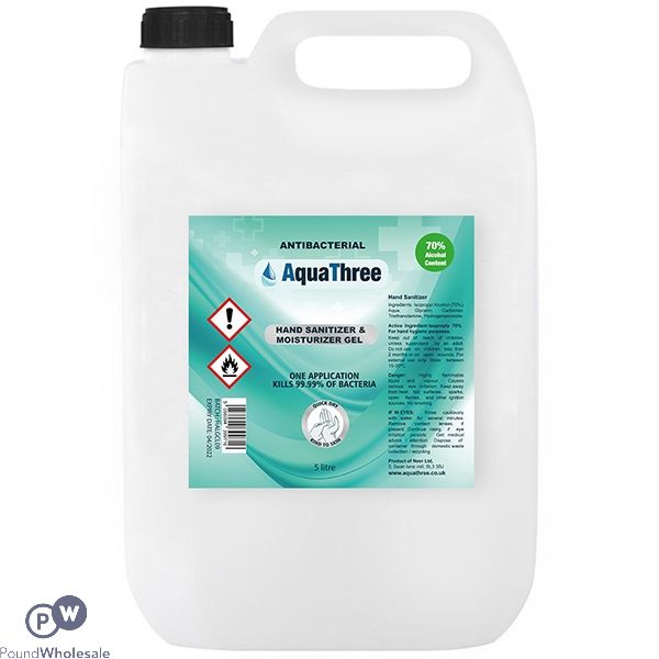 Aquathree 70% Alcohol Antibacterial Hand Sanitiser & Moisturiser Gel 5l