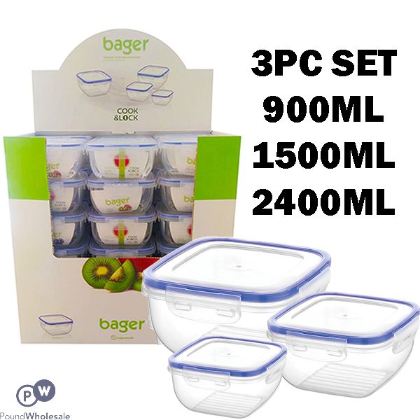 Bager Click & Lock Square Food Storage Container 3pc Cdu