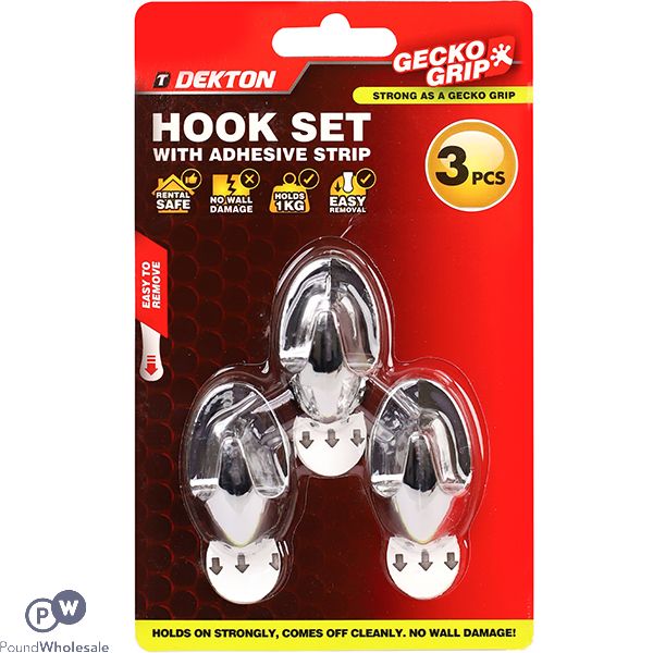 Dekton Gecko Grip Chrome Adhesive Hook Set 3pc