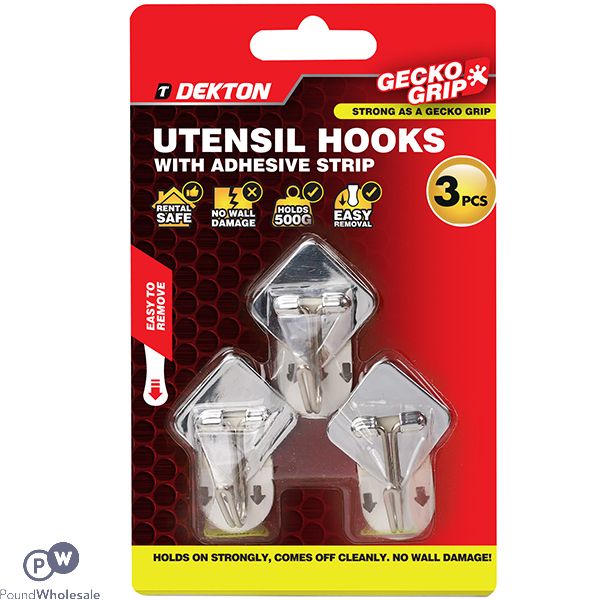 Dekton Gecko Grip Adhesive Chrome Utensil Hook Set 3pc