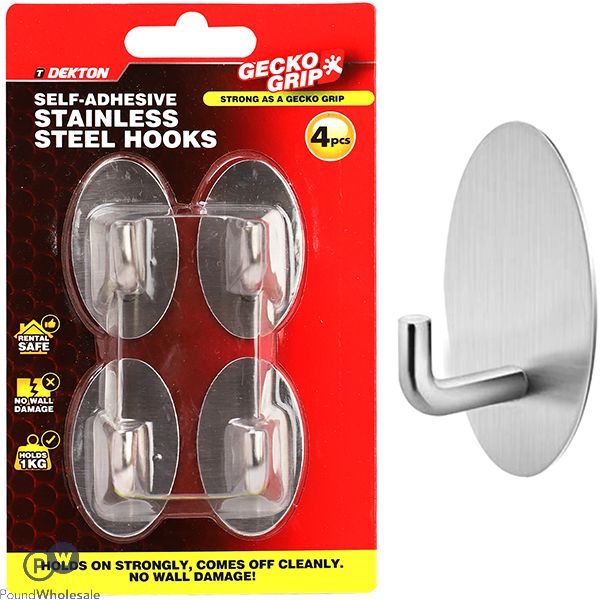 Dekton Gecko Grip Self-adhesive Stainless Steel Hook Set 4pc