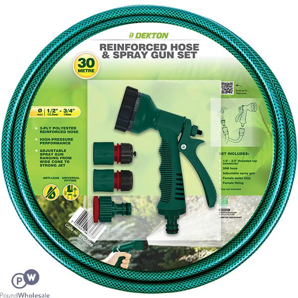 Dekton Universal Reinforced Garden Hose & Spray Gun Set 30m