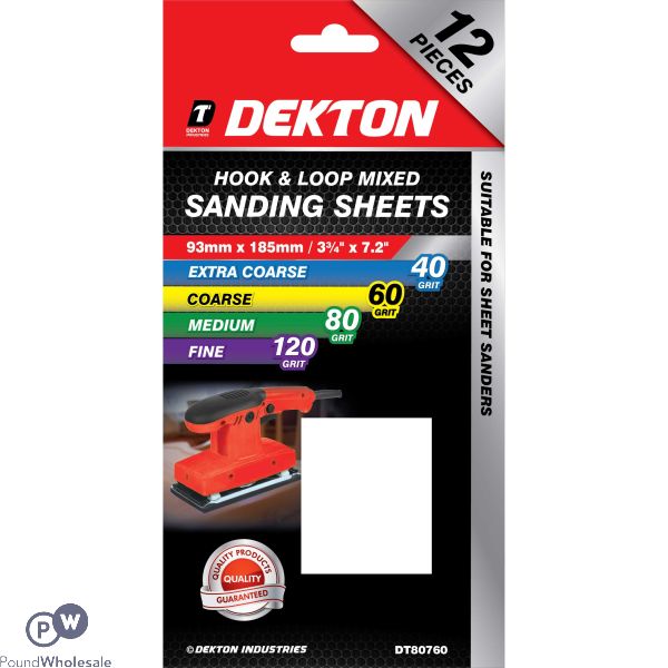 Dekton 93mm X 185mm Hook & Loop 40/60/80/120 Grit Mixed Sanding Sheets 12 Pack