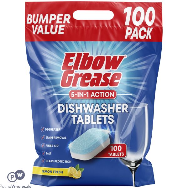 Elbow Grease 5-in-1 Action Lemon Fresh Dishwasher Tablets 100 Pack