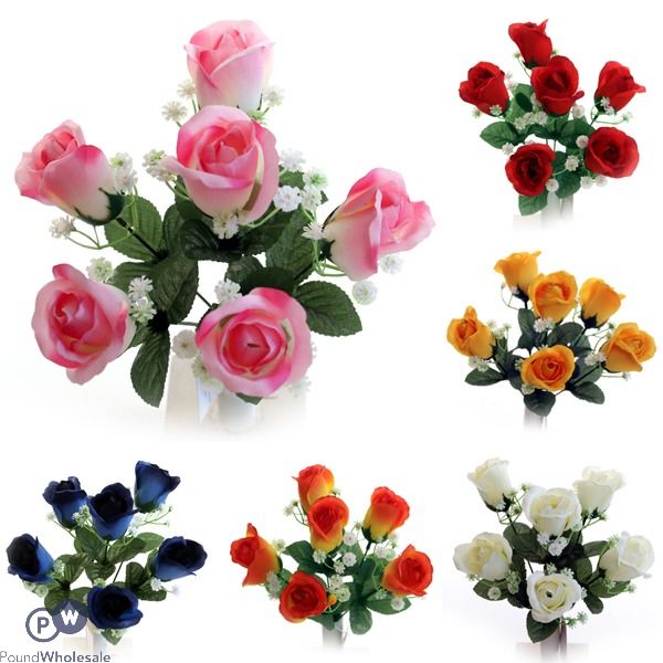 Rose Bud Bush & Gypsophila Artificial Flowers Assorted Colours