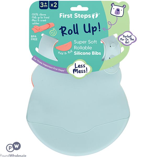 First Steps Assorted Colour Roll Up Silicone Baby Bibs 2 Pack