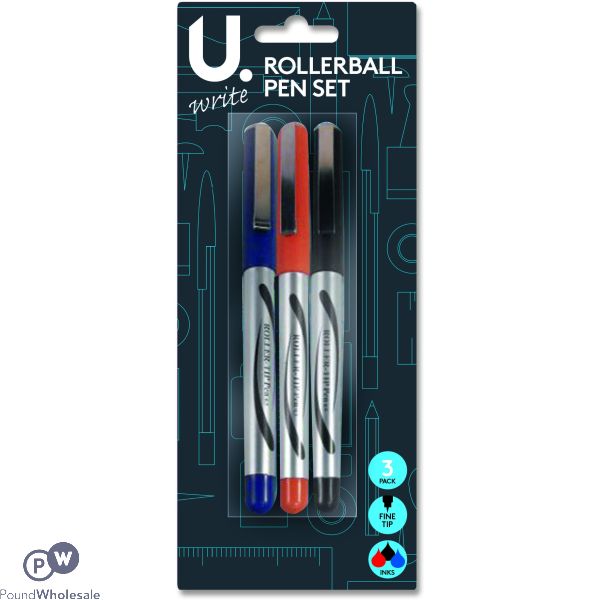 U. Assorted Colour Rollerball Pen Set 3 Pack