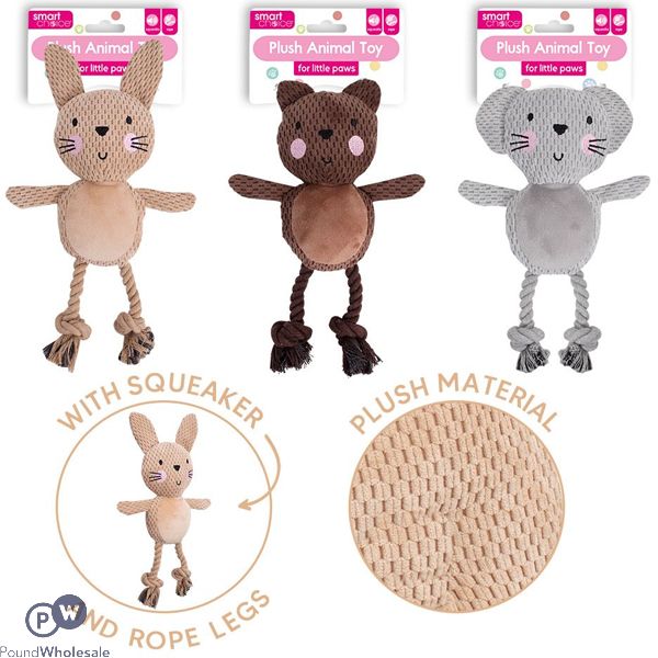 Smart Choice Squeaky Plush & Rope Animal Puppy Toy 26cm Assorted