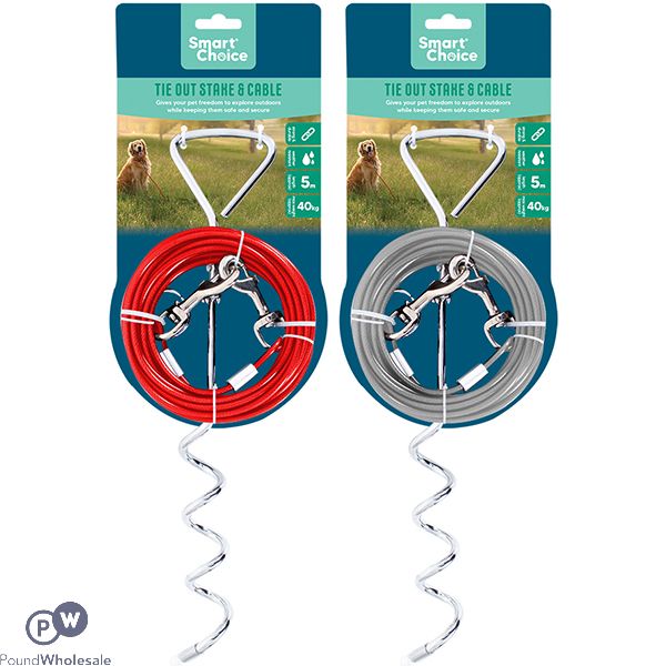 Smart Choice 40kg Tie Out Dog Stake & Cable 5m Assorted Colours