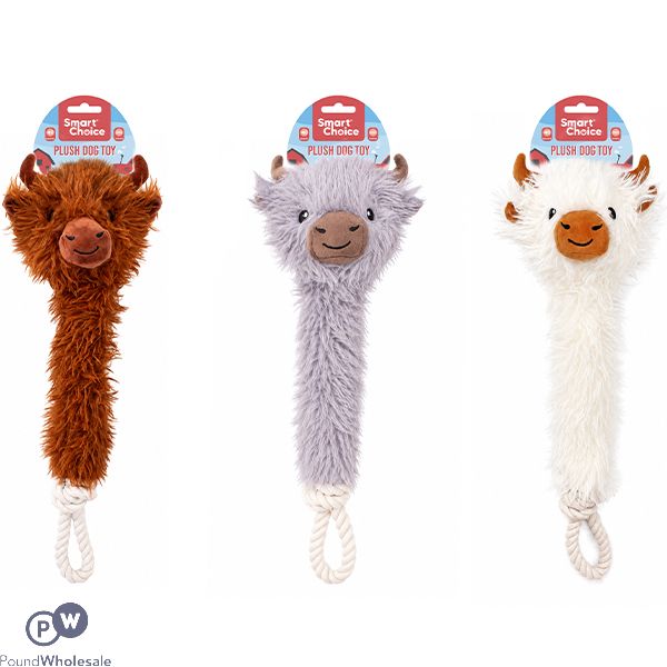 Smart Choice Squeaky Plush Rope Highland Cow Dog Toy 50cm Assorted Colours