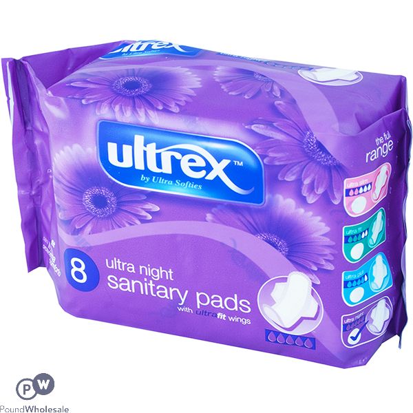 Ultrex Ultra Night Heavy Flow Sanitary Pads With Ultra Fit Wings 8 Pack