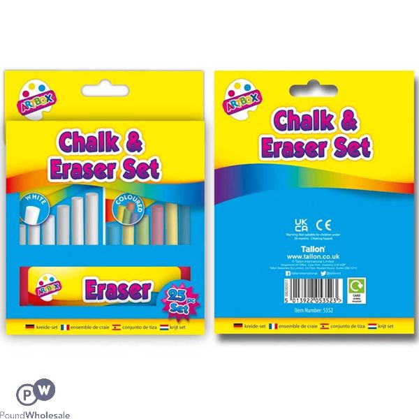 Artbox Assorted Colour Chalk And Eraser Set 25pc