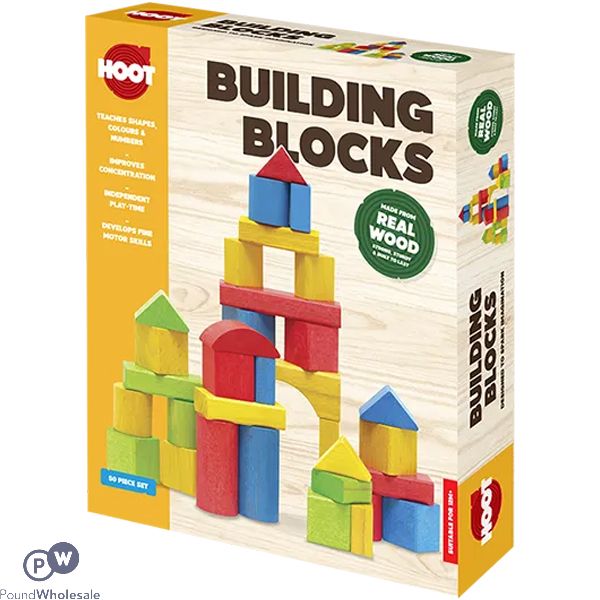 Hoot Assorted Colours & Shapes Wooden Building Blocks Play Set 50pc