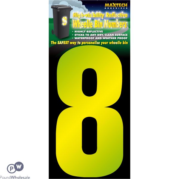 Adhesive Hi Vis Luminous  Yellow Wheelie Bin Number 8
