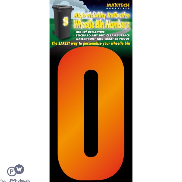 Adhesive Hi Vis Luminous Orange Wheelie Bin Number 0