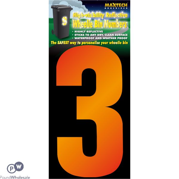 Adhesive Hi Vis Luminous Orange Wheelie Bin Number 3