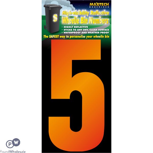 Adhesive Hi Vis Luminous Orange Wheelie Bin Number 5