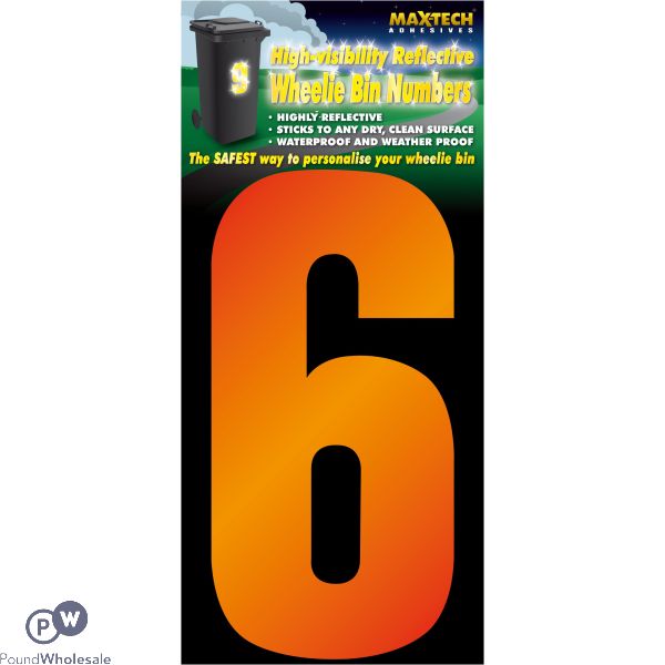 Adhesive Hi Vis Luminous Orange Wheelie Bin Number 6