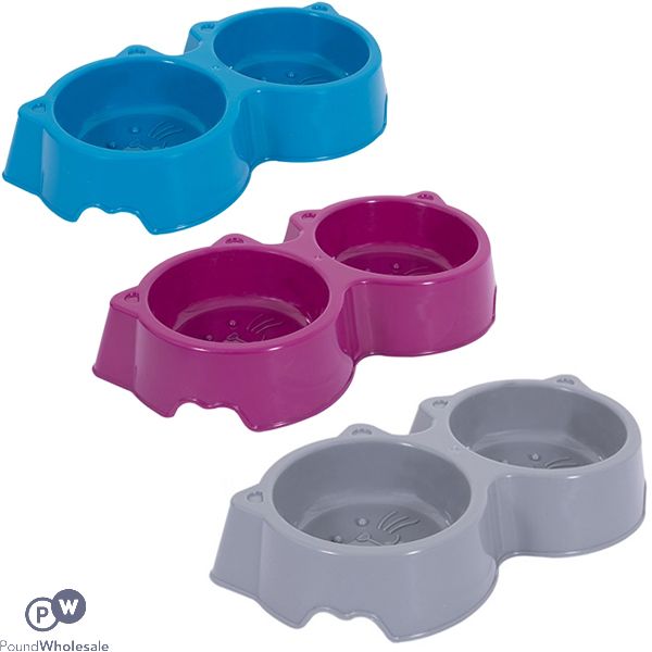 World Of Pets Plastic Double Cat Face Pet Bowl 200ml Assorted Colours