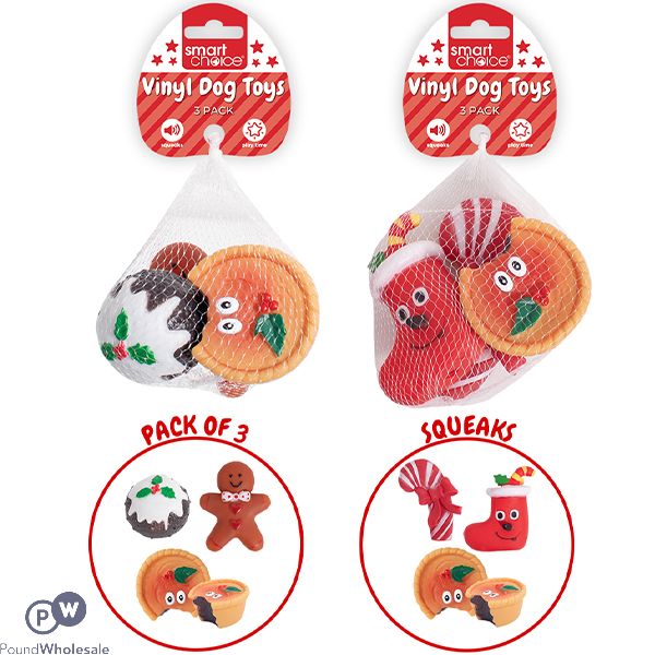 Smart Choice Christmas Squeaky Vinyl Festive Dog Toys 3 Pack Assorted