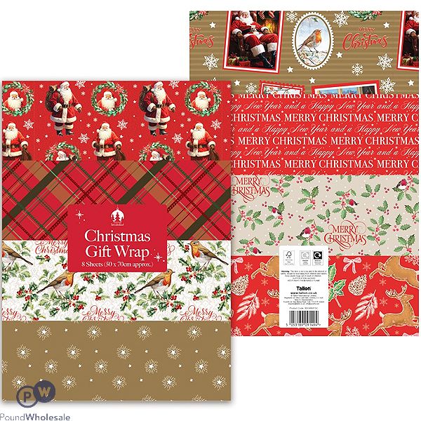 Festive Wonderland Assorted Traditional Christmas Gift Wrap Sheets 50cm X 70cm 8 Pack Cdu