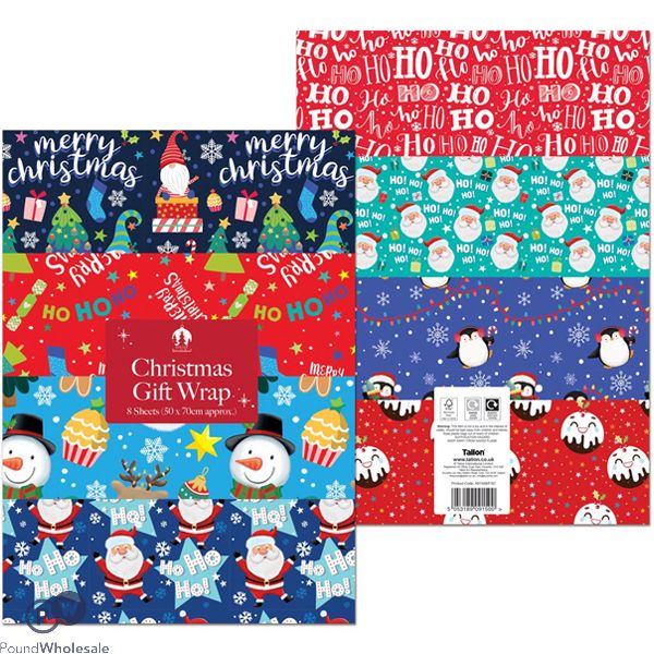 Festive Wonderland Assorted Cute Contemporary Christmas Gift Wrap Sheets 50cm X 70cm 8 Pack Cdu