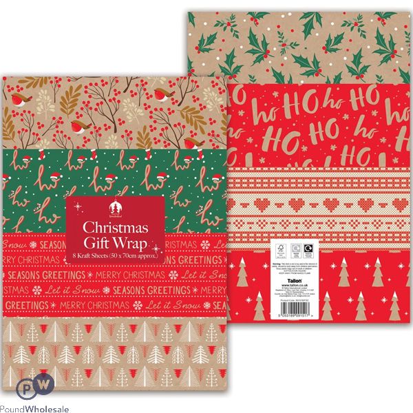 Festive Wonderland Assorted Kraft Paper Christmas Gift Wrap Sheets 50cm X 70cm 8 Pack Cdu