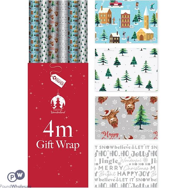 Festive Wonderland Christmas Contemporary Gift Wrap 4m Cdu Assorted