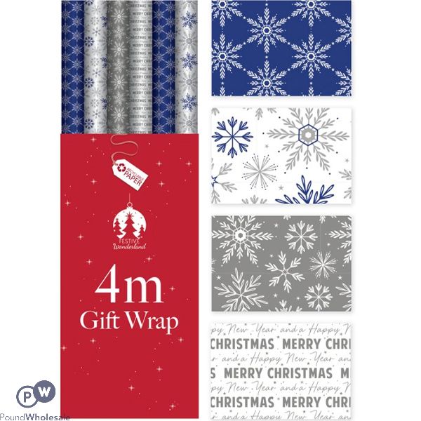 Festive Wonderland Christmas Blue Snowflakes Gift Wrap 4m Cdu Assorted