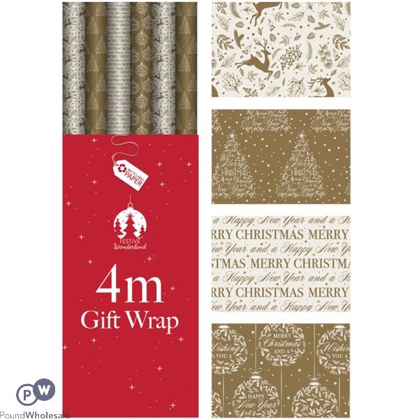 Festive Wonderland Christmas Gold & Cream Contemporary Gift Wrap 4m Cdu Assorted