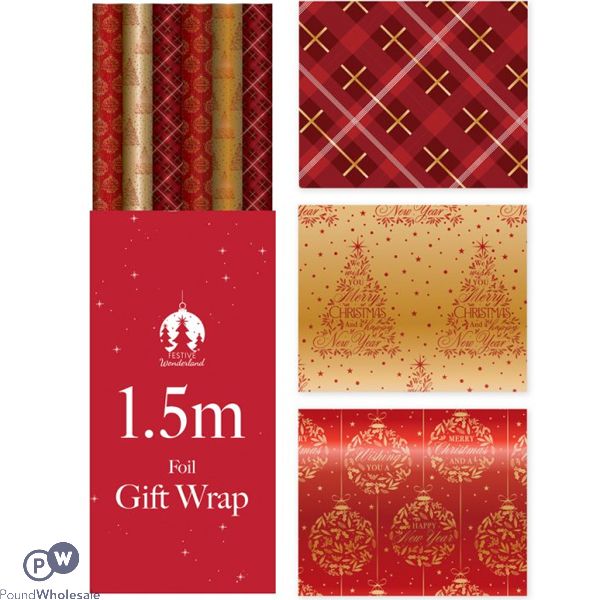 Festive Wonderland Christmas Red & Gold Foil Gift Wrap 1.5m X 70cm