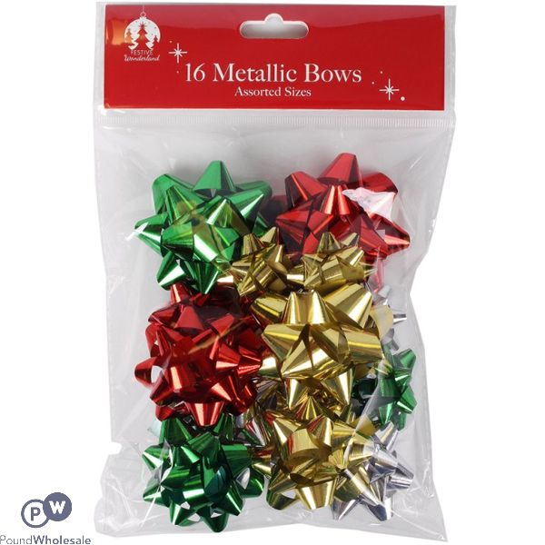 Festive Wonderland Assorted Christmas Metallic Bows 16 Pack