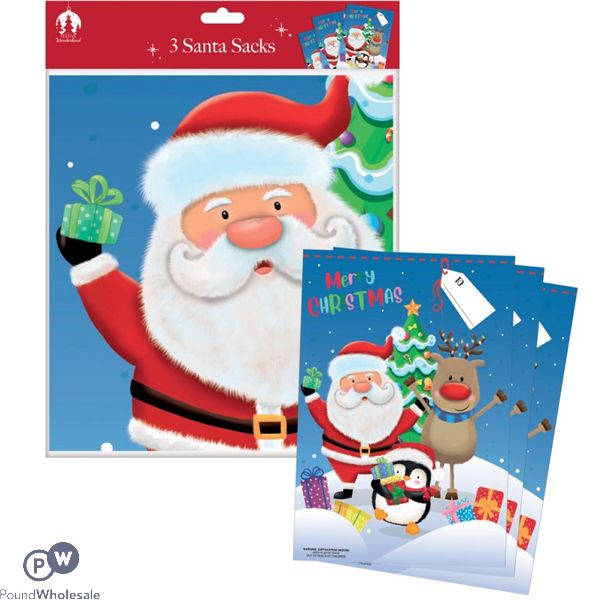 Festive Wonderland Christmas Plush Pvc Santa Sacks 3 Pack