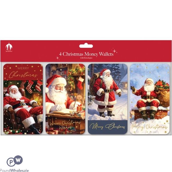 Festive Wonderland Assorted Traditional Santa Money Wallets With Envelopes 4 Pack