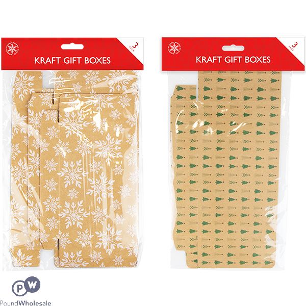 Christmas Kraft Printed Flat-pack Gift Boxes 3 Pack Assorted