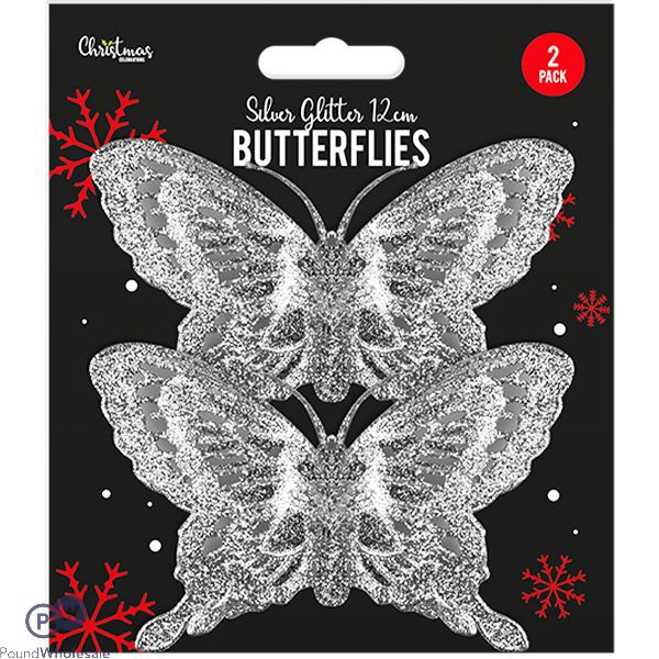Christmas Silver Glitter Butterfly Decorations 2 Pack