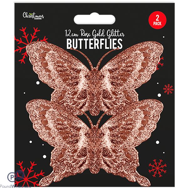 Christmas Rose Gold Glitter Butterfly Decoration 2 Pack