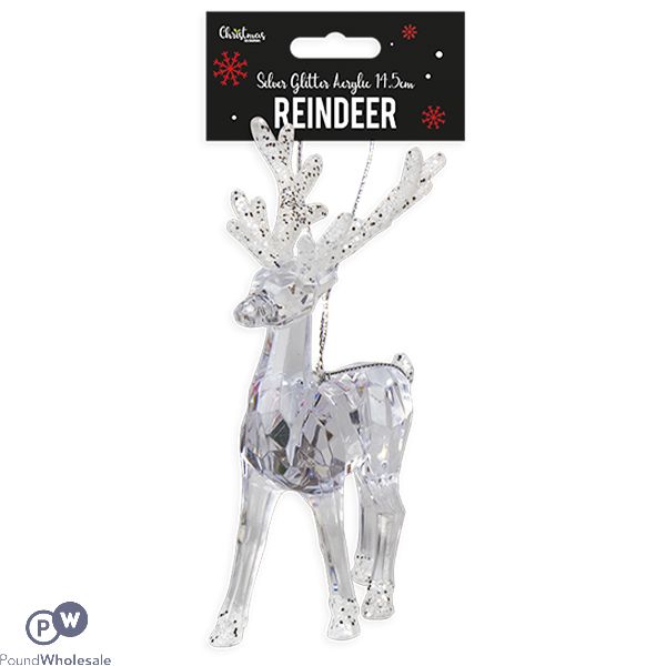 Christmas Silver Glitter Acrylic Reindeer Decoration 14.5cm