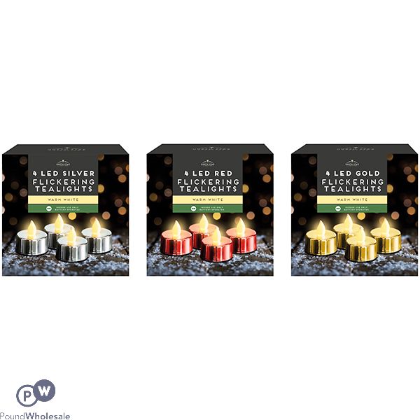 Christmas Led Metallic Flickering Tea Lights 4 Pack Cdu Assorted Colours
