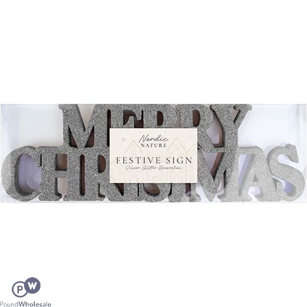 Nordic Silver Merry Christmas Glitter Sign 10cm X 32cm