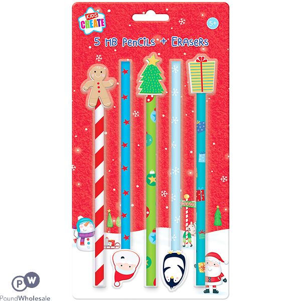 Kids Create Christmas Hb Pencils With Erasers 5 Pack Assorted