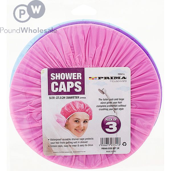Wholesale Prima Shower Caps Assorted Colours 27.5cm 3 Pack